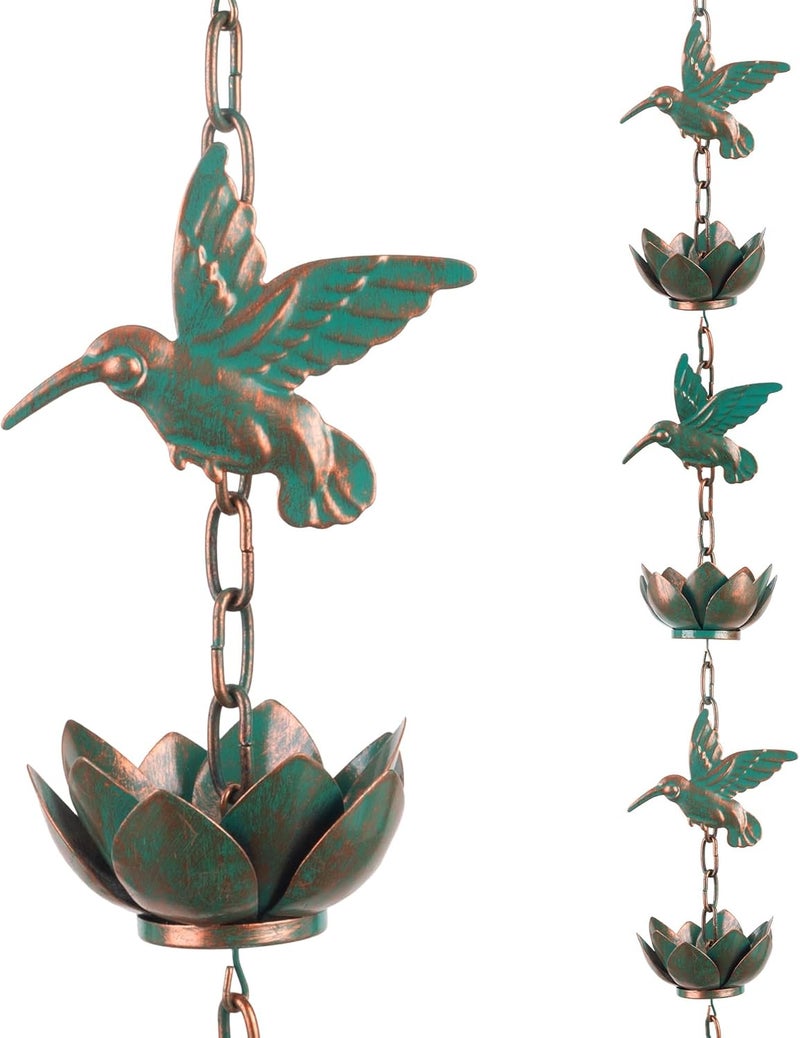 shumi 8.8ft Rain Chain for Gutters Downspouts Outside,Hummingbird Rain Chain with 12 Copper Lotus Rain Chain Cups,Functional and Decorative Replacement for Gutter Downspouts - Image 1